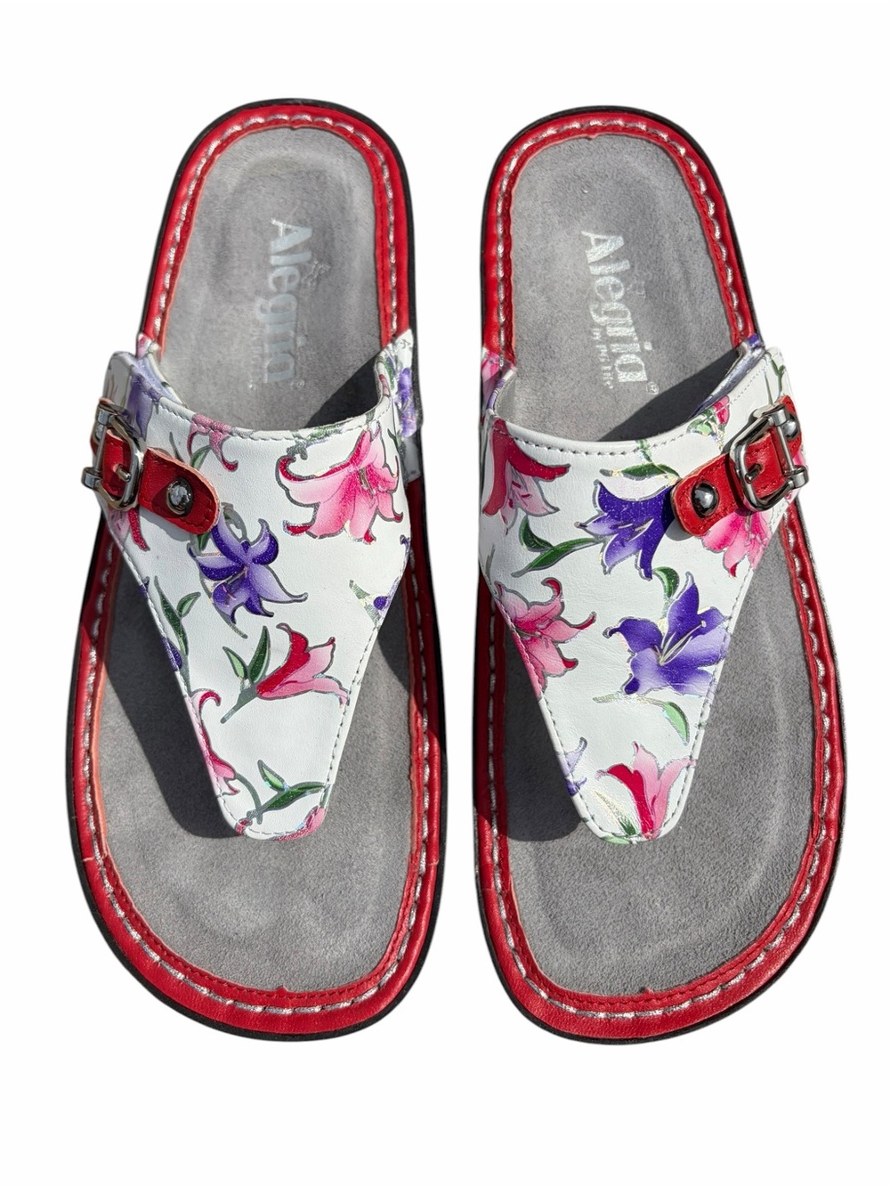 Alegria White Floral Thong Sandals with Red Trim